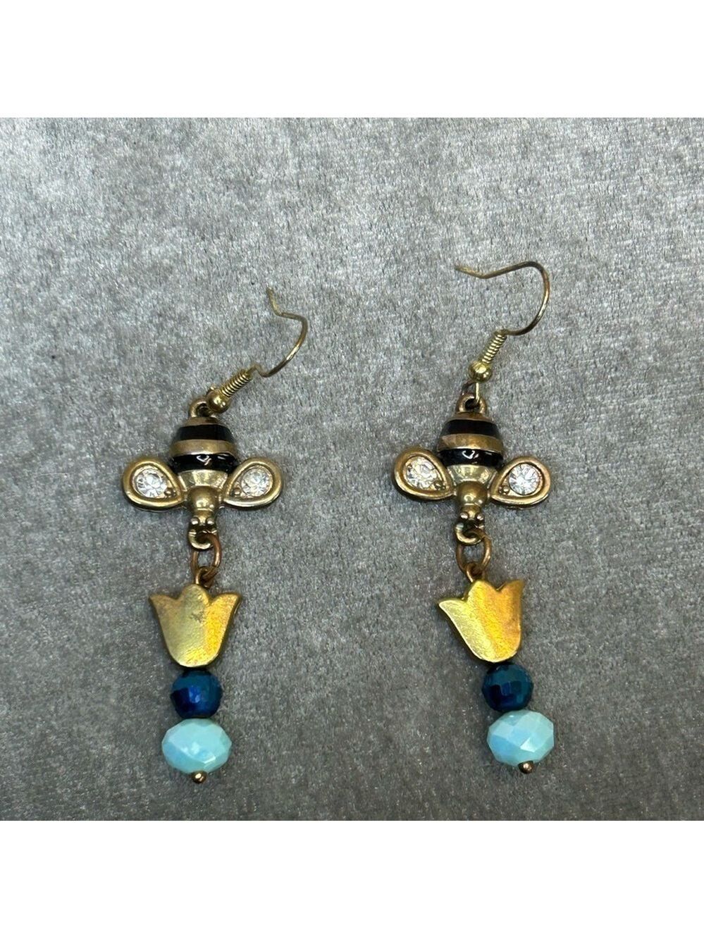 Bumblebee tulip flower beaded crystal rhinestone dangling earrings